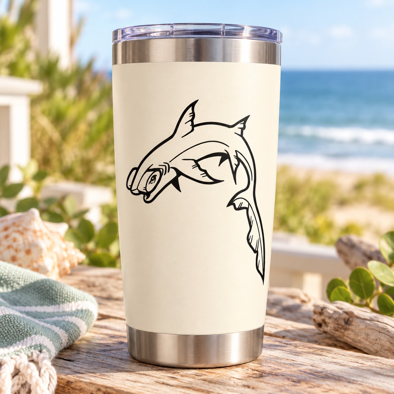 Insulated stainless steel tumbler with black hammerhead shark decal