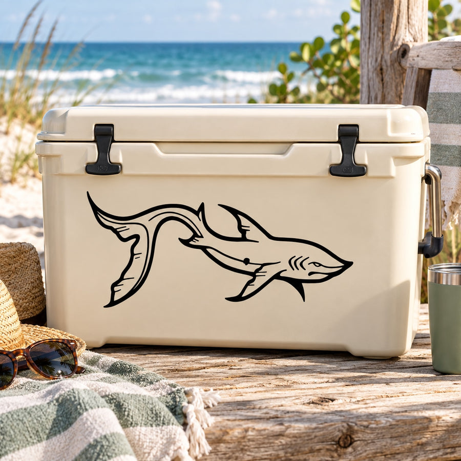 Long-tail shark decal with black outline, long fin and tail on light background