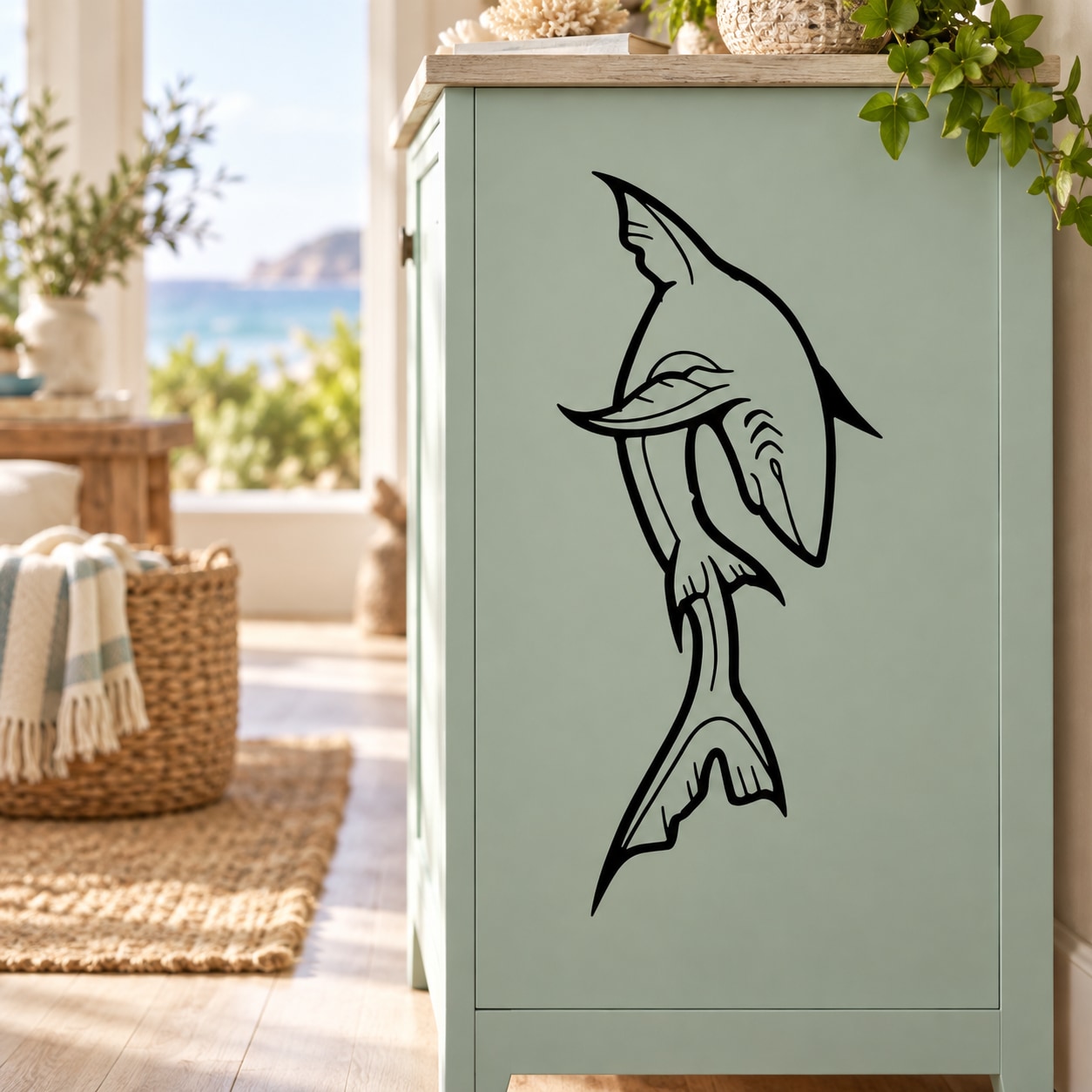 Turn over shark decal, black outline of a swimming shark on a light surface