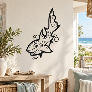 Kids watching shark wall decal, black outline sticker