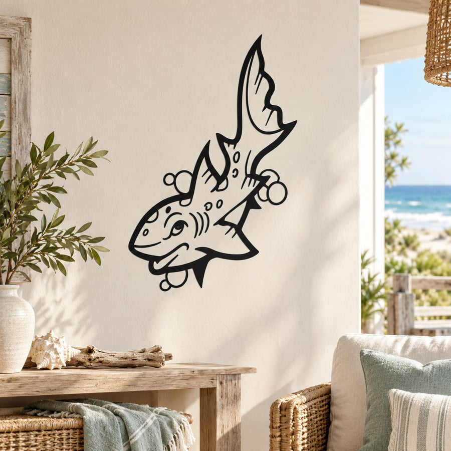 Kids watching shark wall decal, black outline sticker