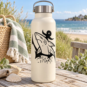 White water bottle with black shark and anchor decal, metal lid