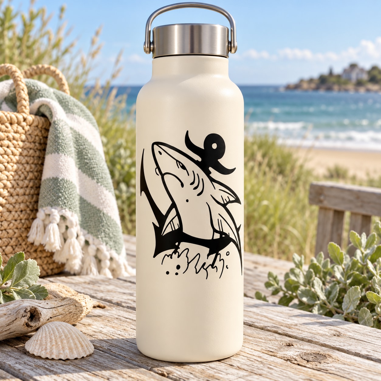 White water bottle with black shark and anchor decal, metal lid