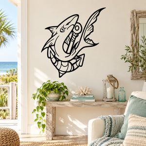 Whimsical shark wall decal, black and white outline illustration