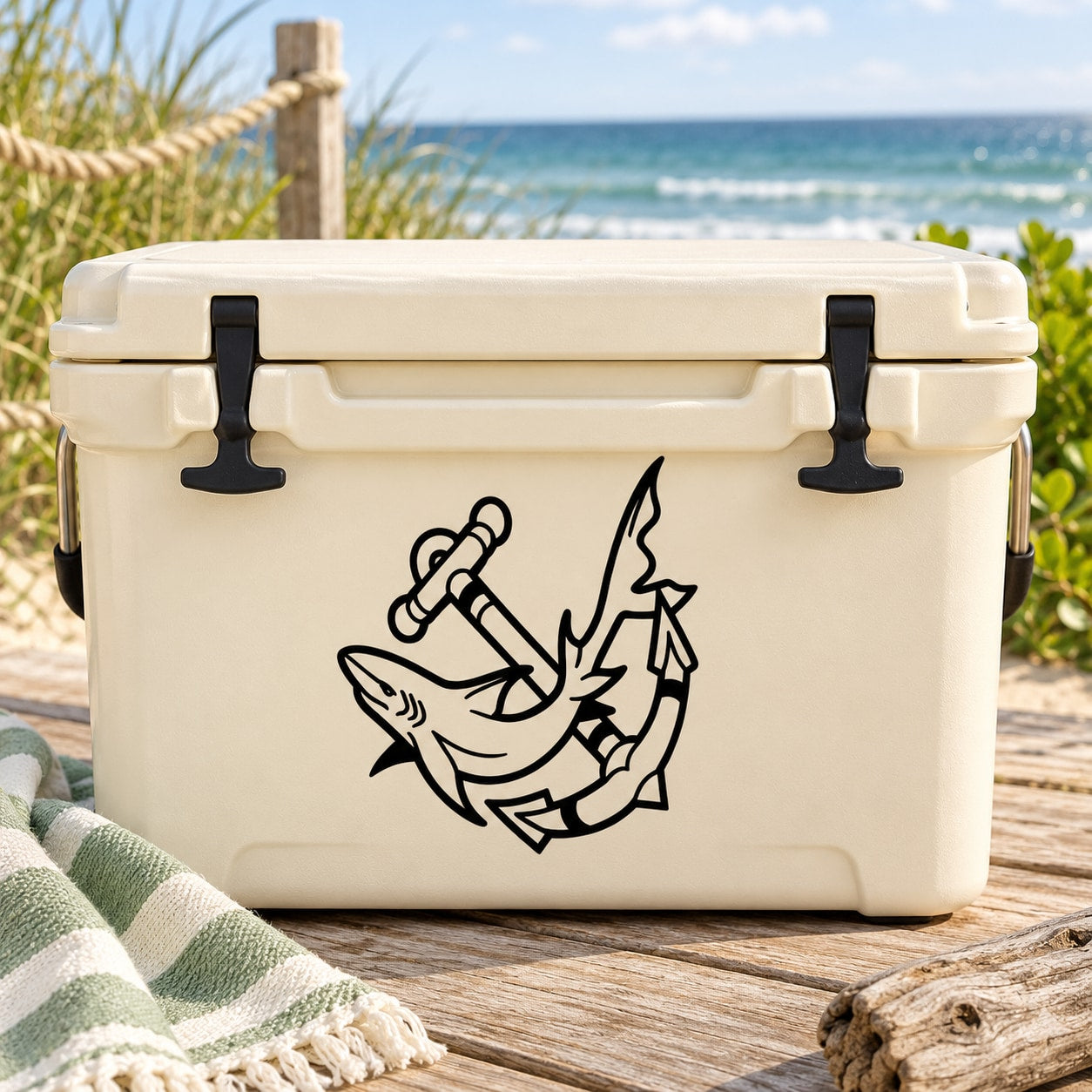 Diving shark and anchor decal with black outline graphic