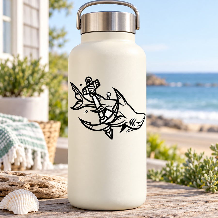 White water bottle with black lurking shark and anchor decal