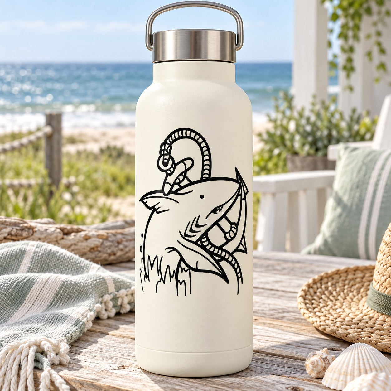 Shark and anchor decal, black line art on cream water bottle