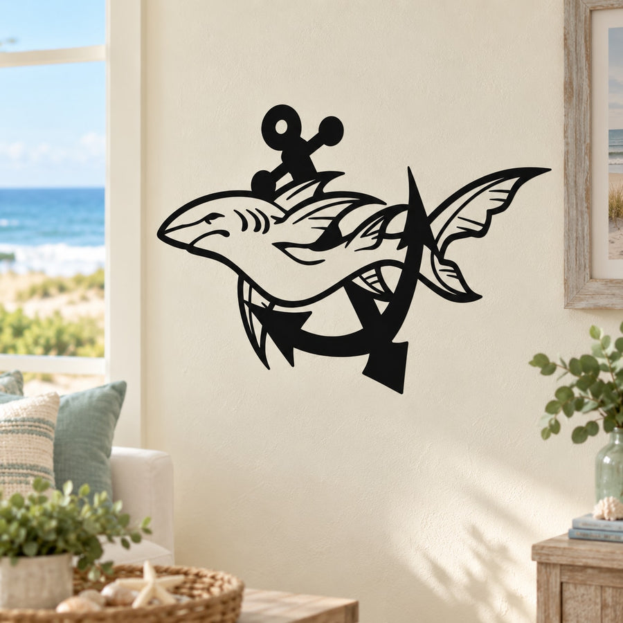 Black shark and anchor wall decal with stylized fins
