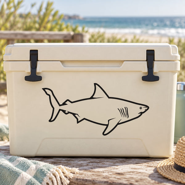 Black line-art shark decal on a white cooler lid
