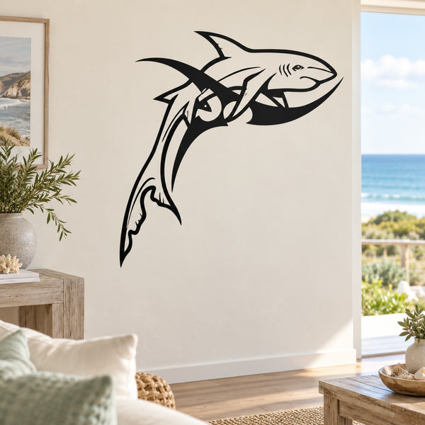 Tribal-style shark wall decal in black with bold outline and fin details