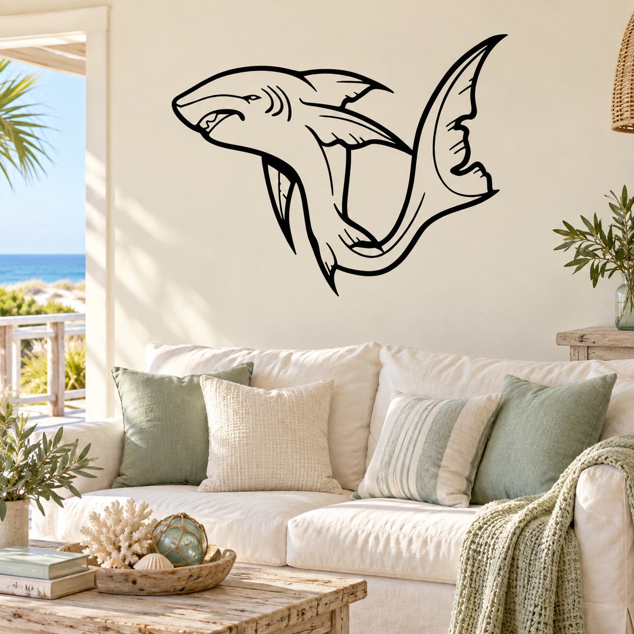 White-tip shark wall decal with black outline and fin details