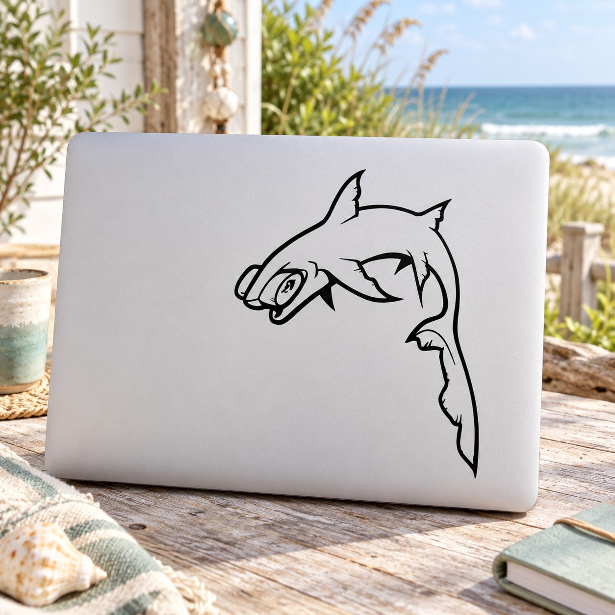 Hammerhead shark decal, black outline of aggressive hammerhead with open mouth