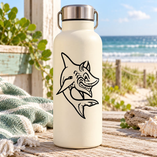 White bottle with black devil horned shark decal on the front