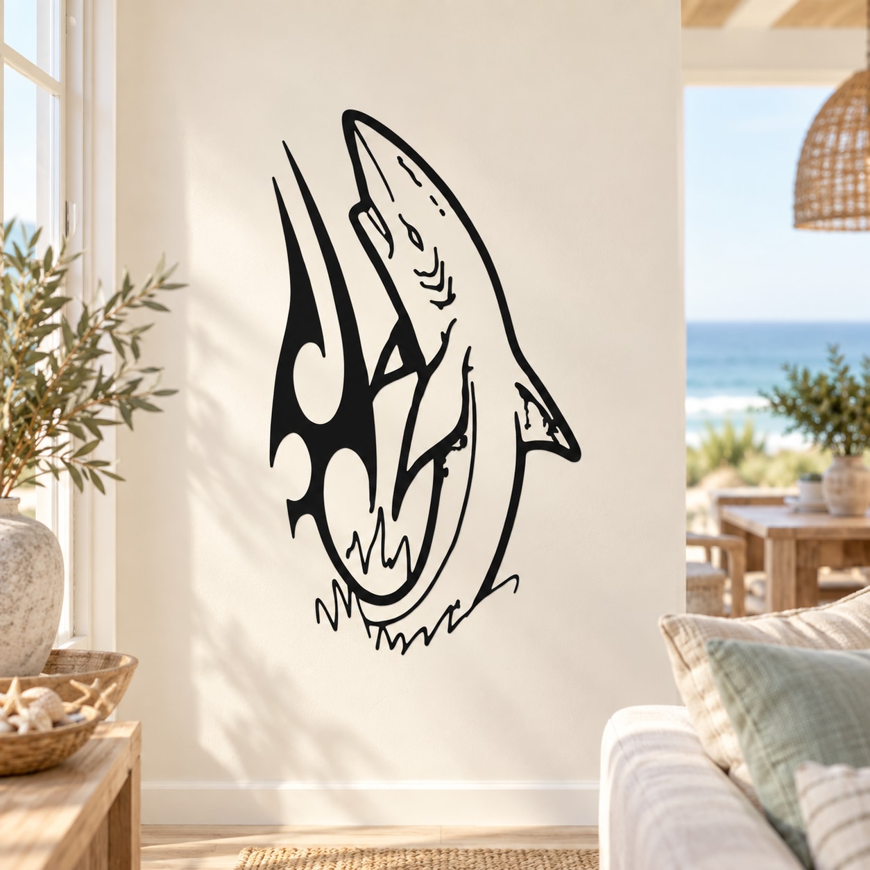 Wall decal with black stylized shark graphic and open mouth, ready to apply