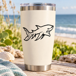 White insulated tumbler with black shark outline decal and stainless lid