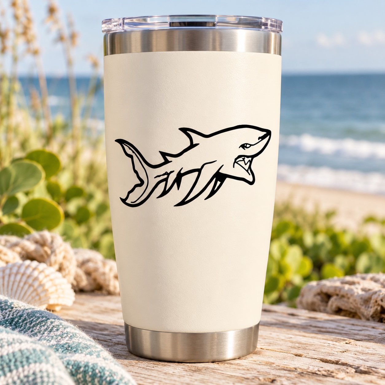 White insulated tumbler with black shark outline decal and stainless lid
