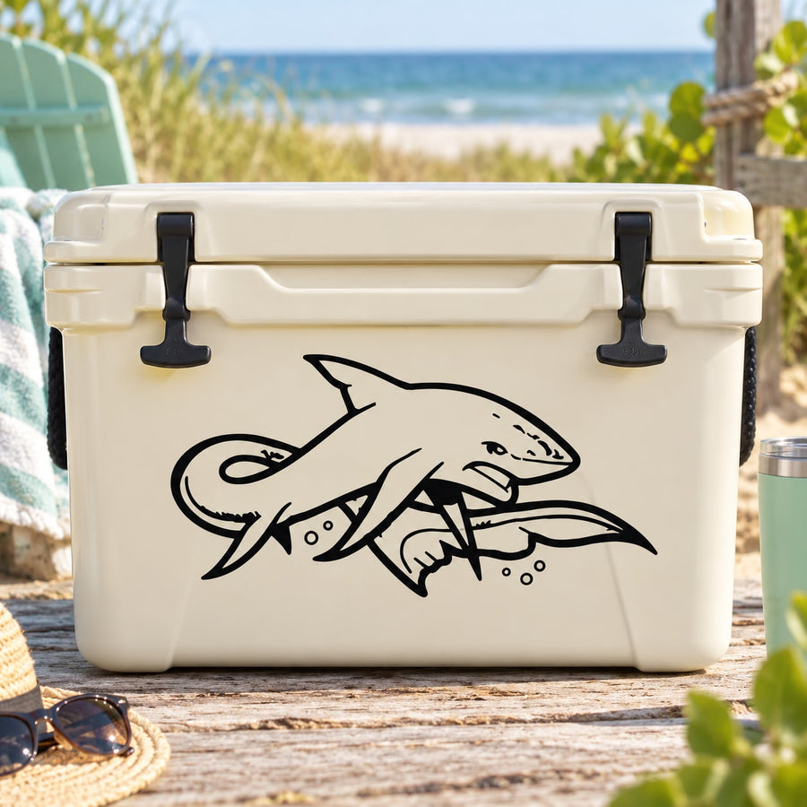 Shark decal sticker on white hard cooler with black outline