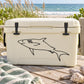 Classic lurking shark decal: black shark outline on light cooler front panel.