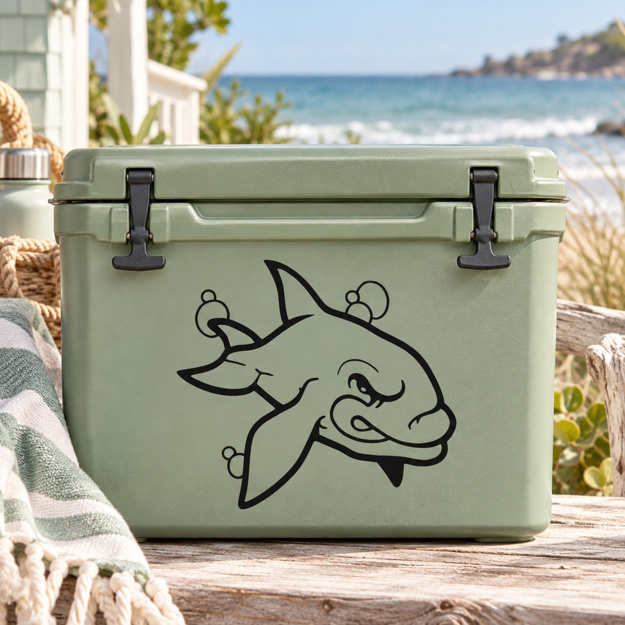 Grimacing shark decal on light green cooler
