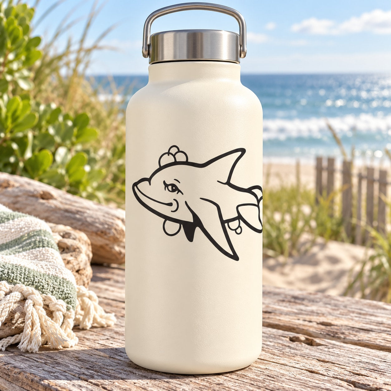 White kids water bottle with smiling shark sister decal