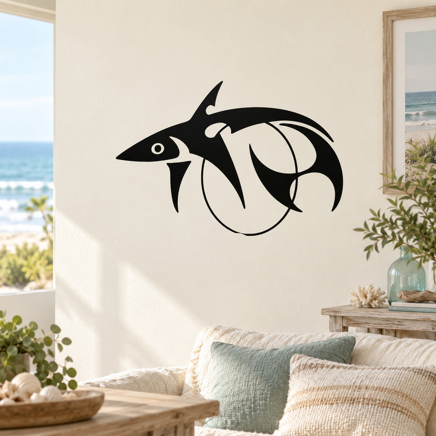 Stylized black and white shark wall decal with fin and eye