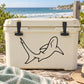 Black line-art shark decal on a white cooler lid