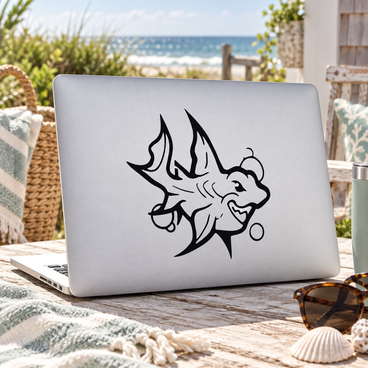 Smiling tough shark decal with bold black outline, kid-friendly style