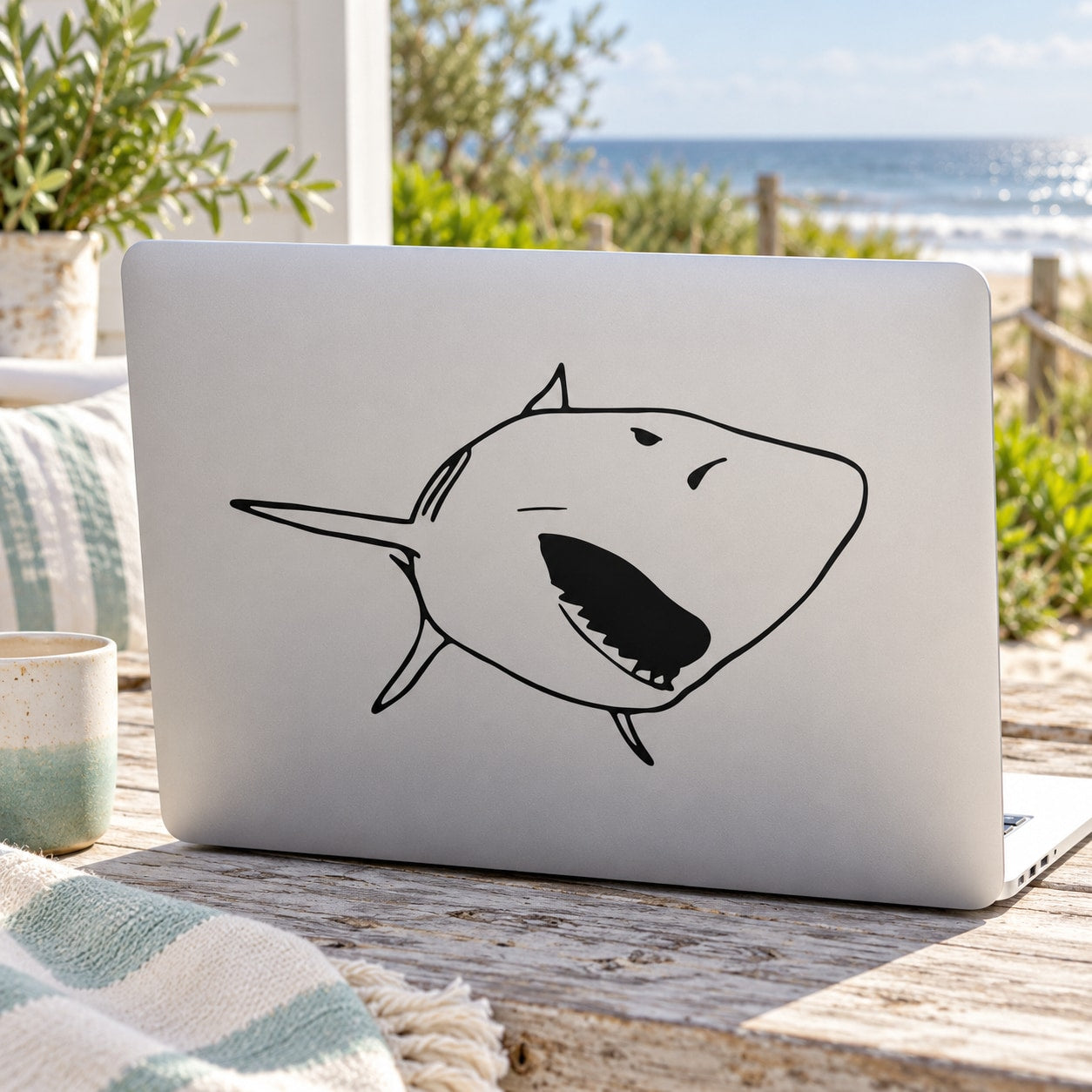 Attacking shark face decal with bold black-and-gray illustration