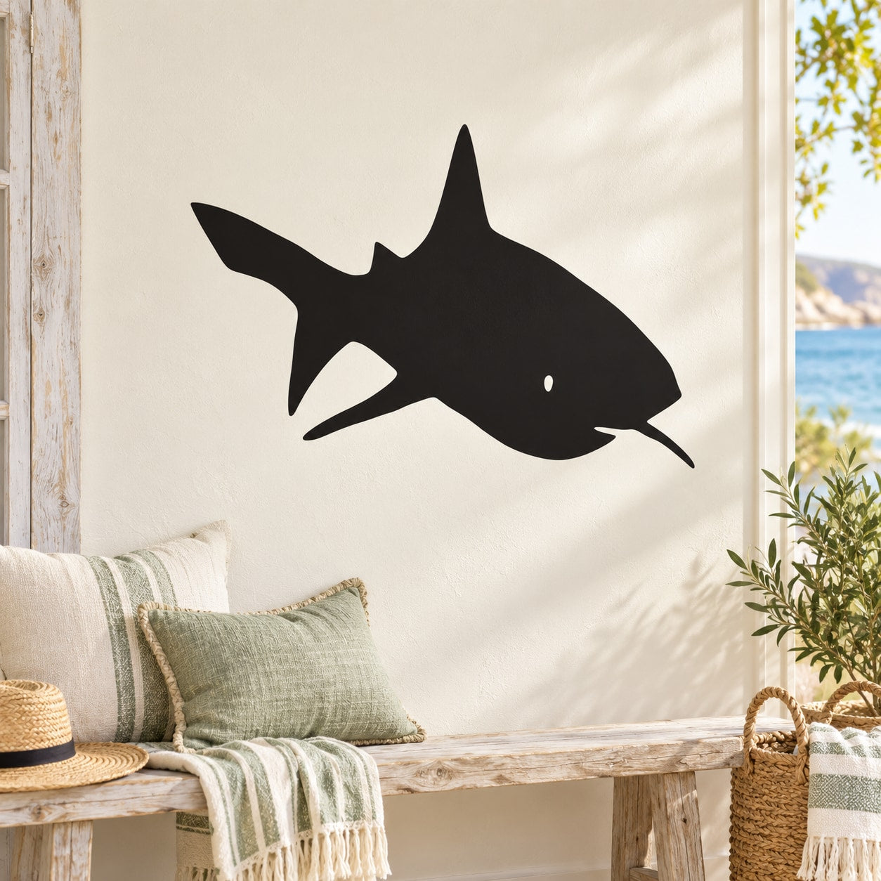 Shark wall decal sticker, black silhouette of an approaching shark