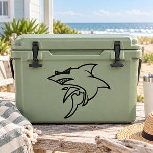 Light green cooler with black shark graphic decal