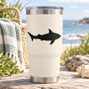 Stainless steel tumbler with black whaler shark silhouette decal