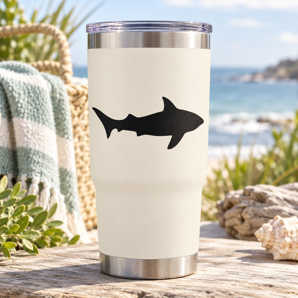 Stainless steel tumbler with black whaler shark silhouette decal