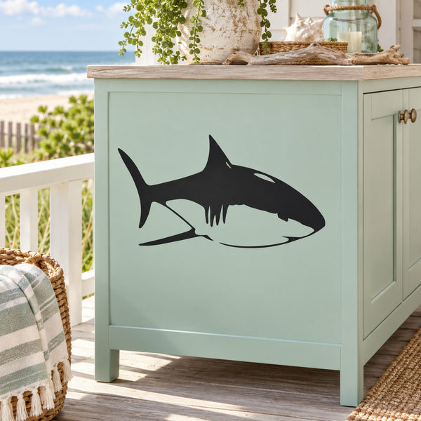 Bull shark silhouette decal, black, on light cabinet door front