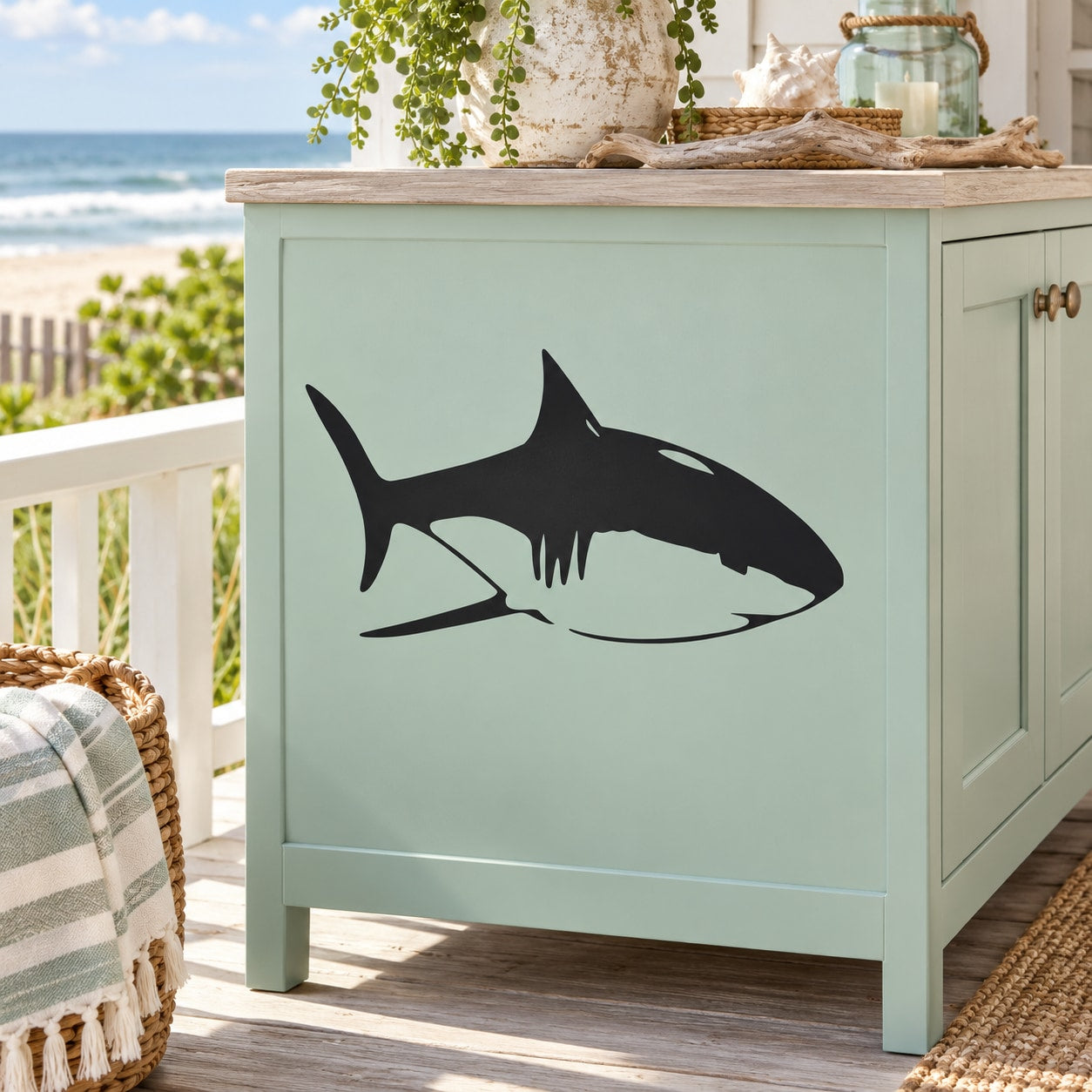 Bull shark silhouette decal, black, on light cabinet door front