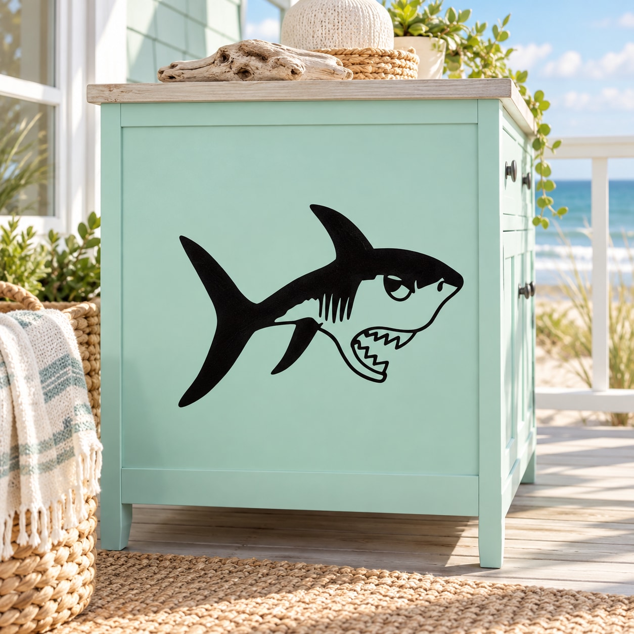 Open-jaw shark decal with bold black stylized fish design