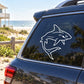 White outline shark decal on a car window