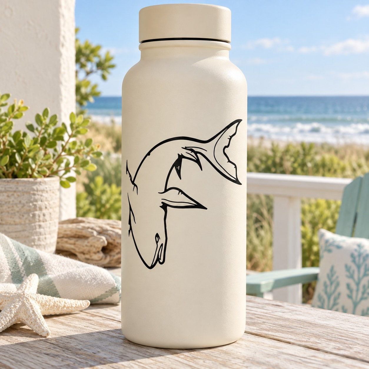 Shark decal with black outline on a white bottle