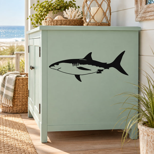 Black great white shark wall decal sticker, finned silhouette in profile