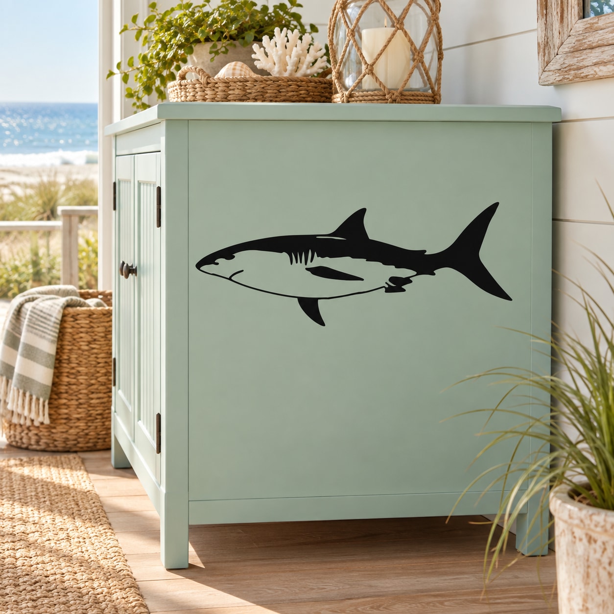 Black great white shark wall decal sticker, finned silhouette in profile