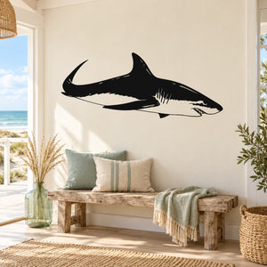 Great white shark hunting wall decal, black silhouette with teeth and fin details