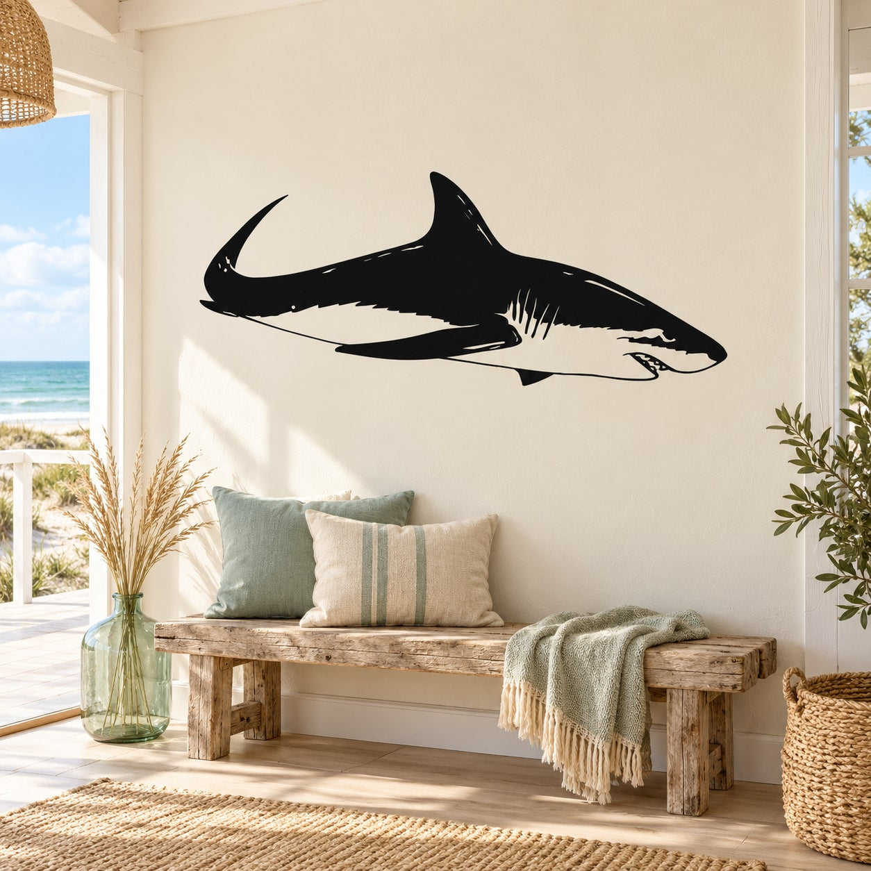 Great white shark hunting wall decal, black silhouette with teeth and fin details