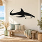 Great white shark hunting wall decal, black silhouette with teeth and fin details