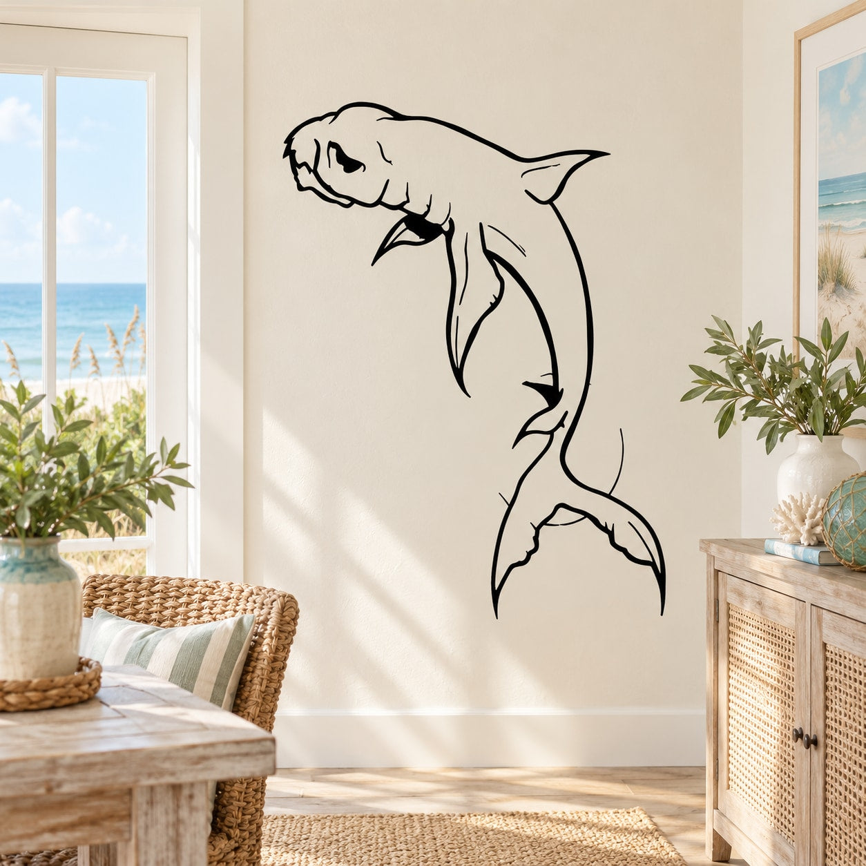Shark wall decal with white body and black outline, stylized grin and fins