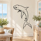 Shark wall decal with white body and black outline, stylized grin and fins