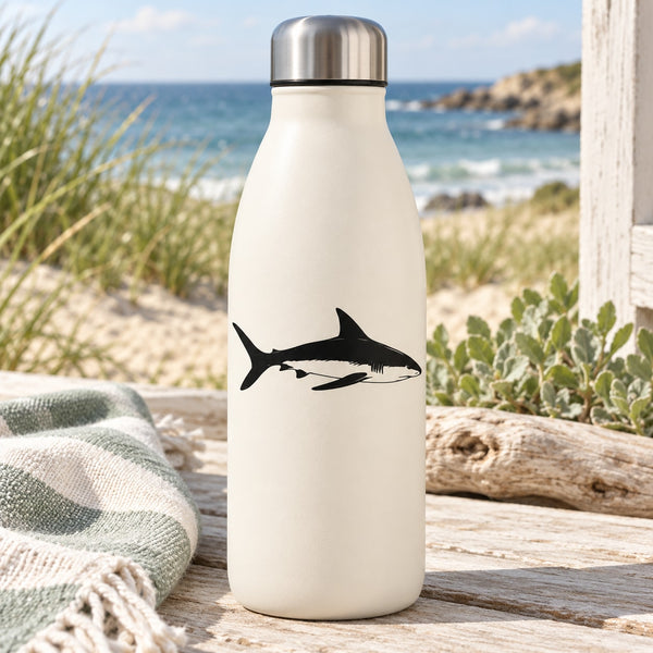 Shark decal on white insulated water bottle with silver stainless lid