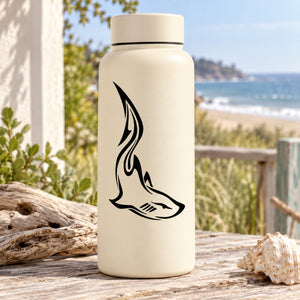 Shark decal graphic on a white water bottle