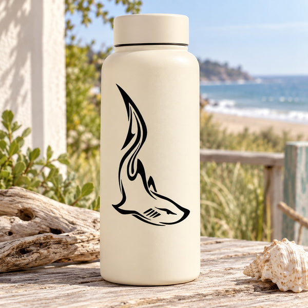 Shark decal graphic on a white water bottle