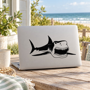 Black ferocious shark head decal with open mouth, bold outline sticker