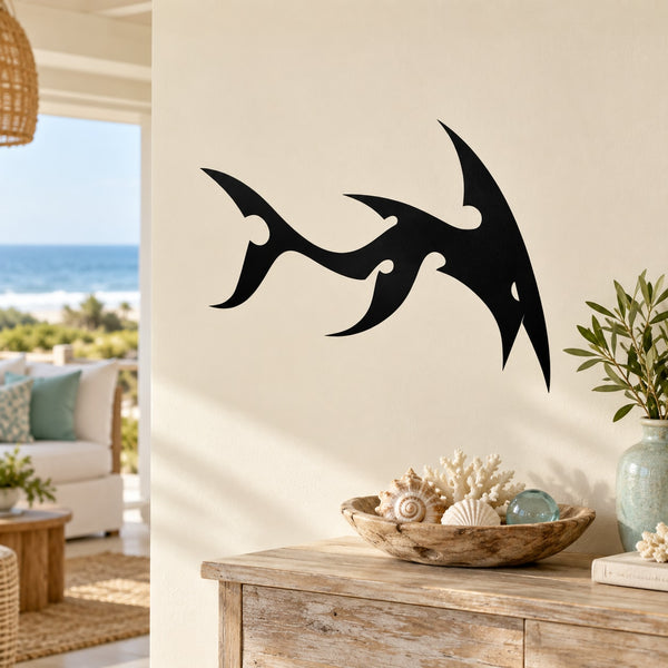 Spiky abstract shark wall decal, black silhouette with jagged fins and tail
