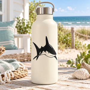 Black shark decal on white metal-top water bottle